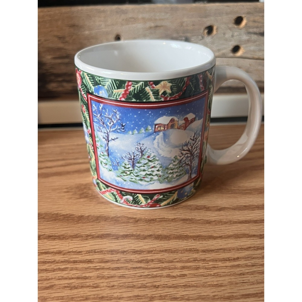 Sakura Vintage 1995 Christmas Scene Snow House Trees Mug Designed by Sue Zipkin‎